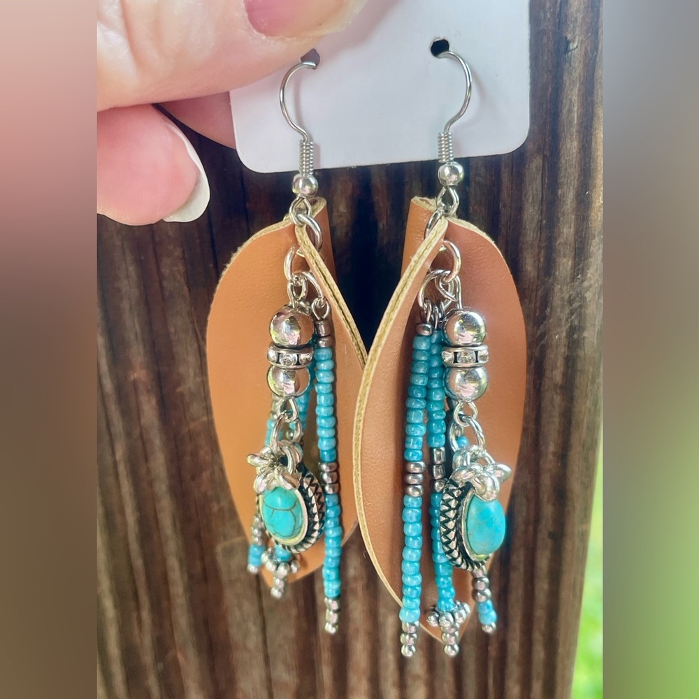 Turquoise and Tan Leather Leaf Southwest Beaded Earrings - Picture 6 of 6